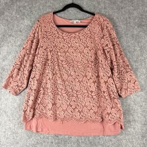 Rose Olive Tunic Top Womens 2X‎ Pink Crochet 3/4 Sleeve Floral Stretch Boho